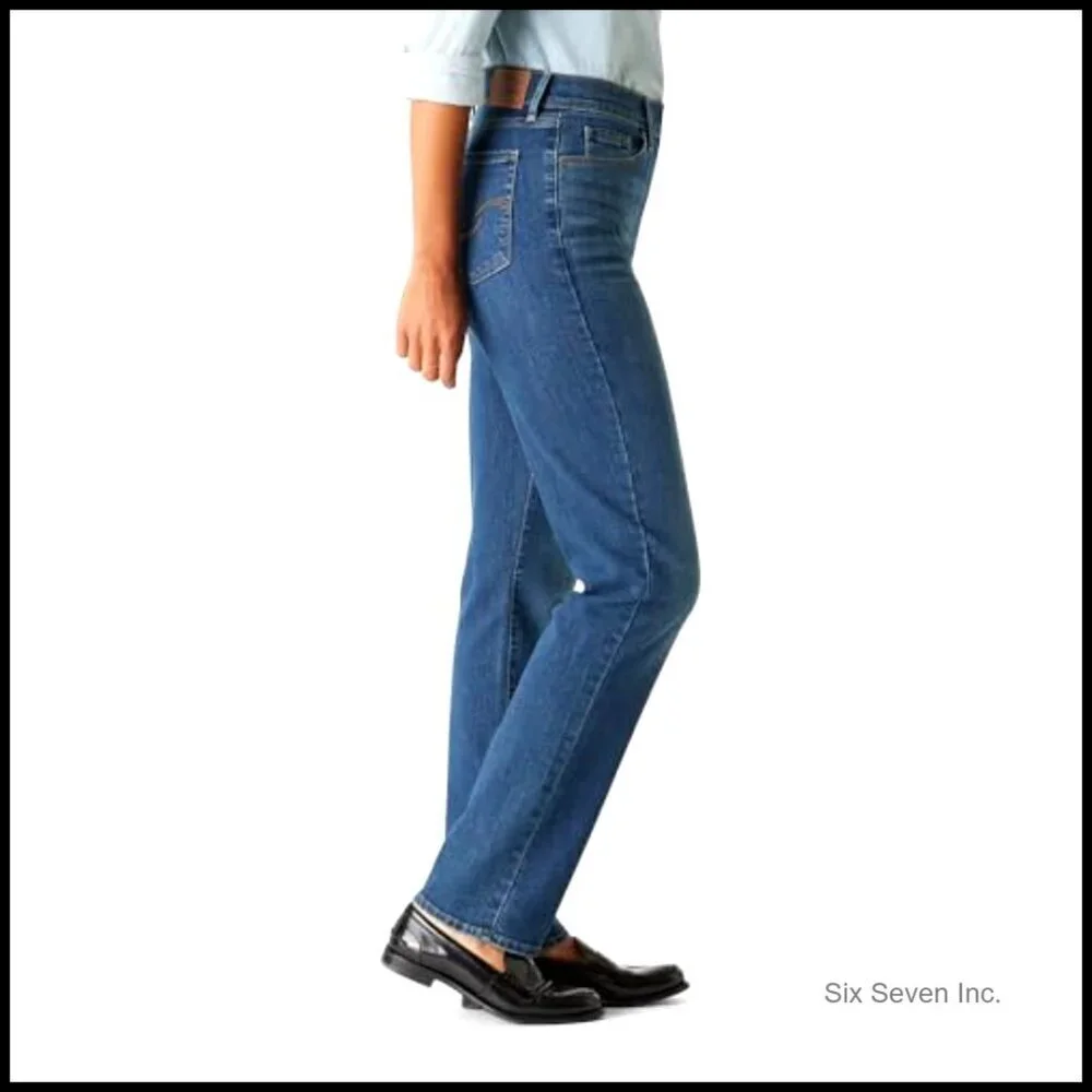High-Rise Straight Jeans Shaping Tummy Panel Wide Leg Classic Denim